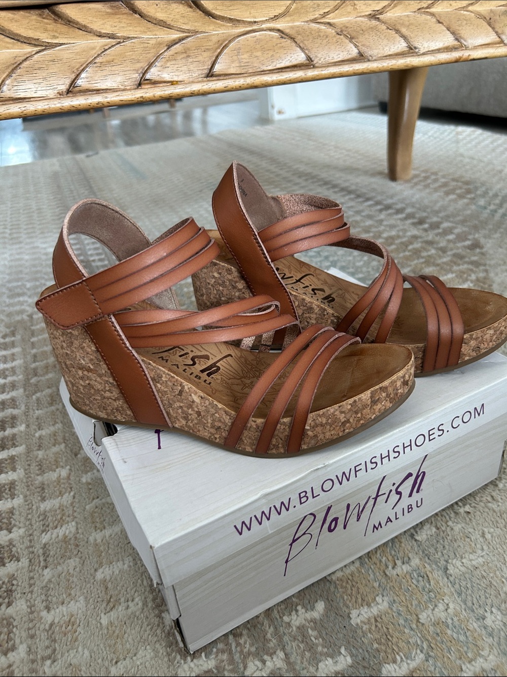 Blowfish Cognac Multi-Strap Cork Wedge Sandals